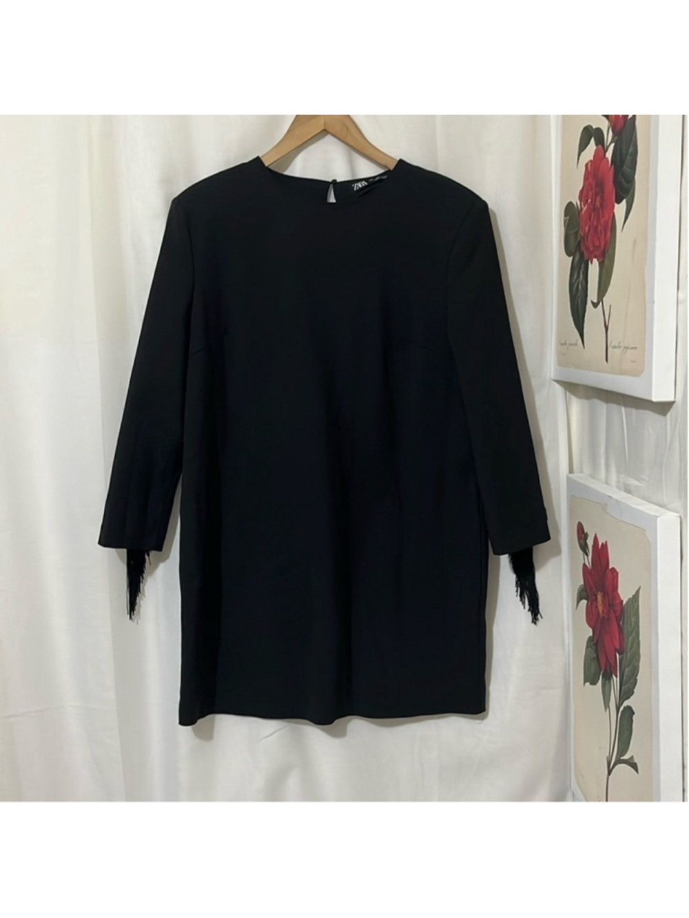 Zara Black Round Neck Dress with Fringed Arms and Back a110